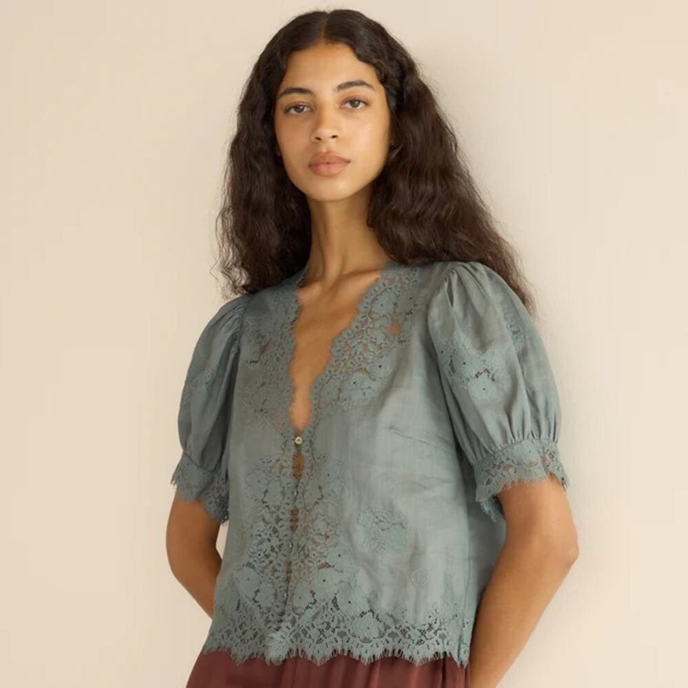 Doen Idella Ramie Lace V Neck Button Short Sleeve Blouse Top Lagoon Blue - Picture 3 of 7